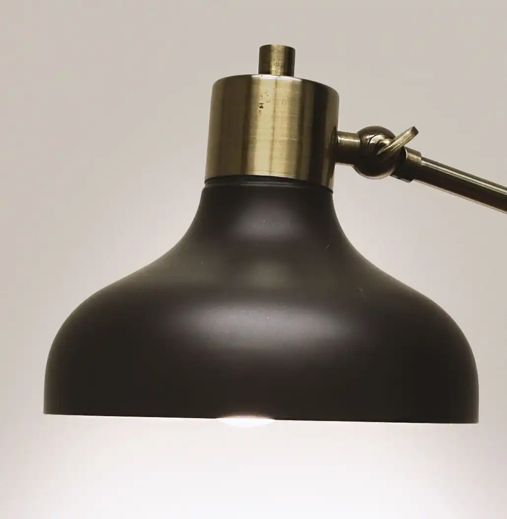 A domed graphite lamp shade with a brass cap